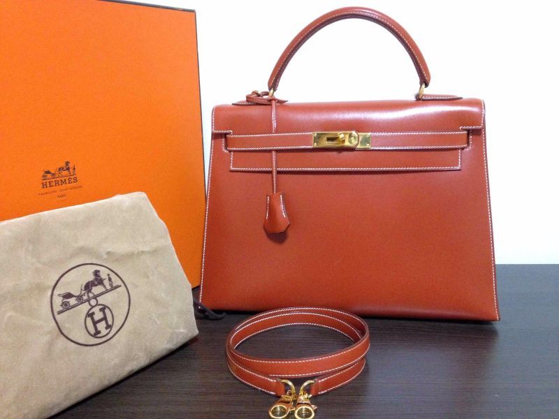 Hermes Kelly Handbag Brique Box Calf With Gold Hardware