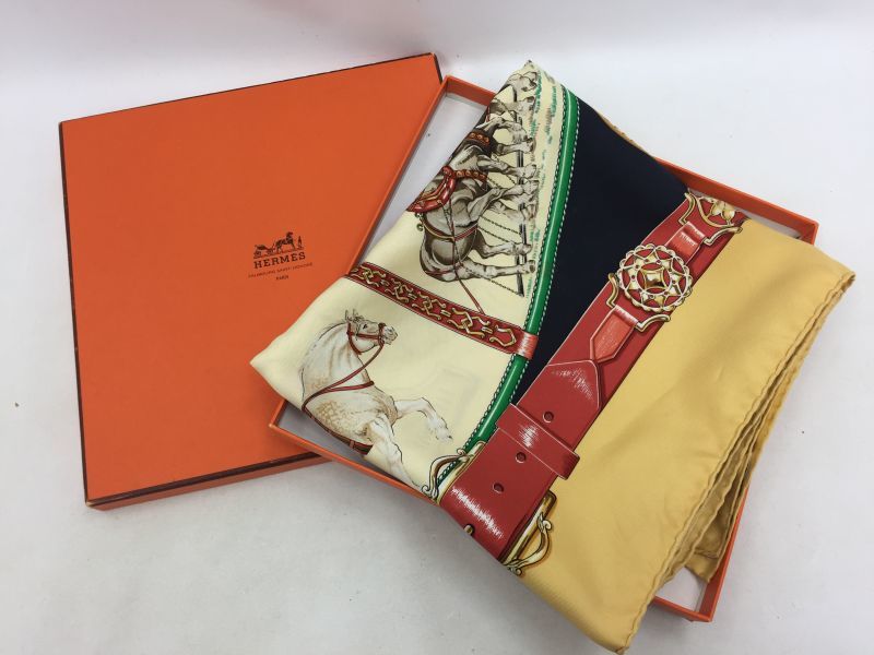 Auth Hermes 100 % Silk Scarf gold tone 